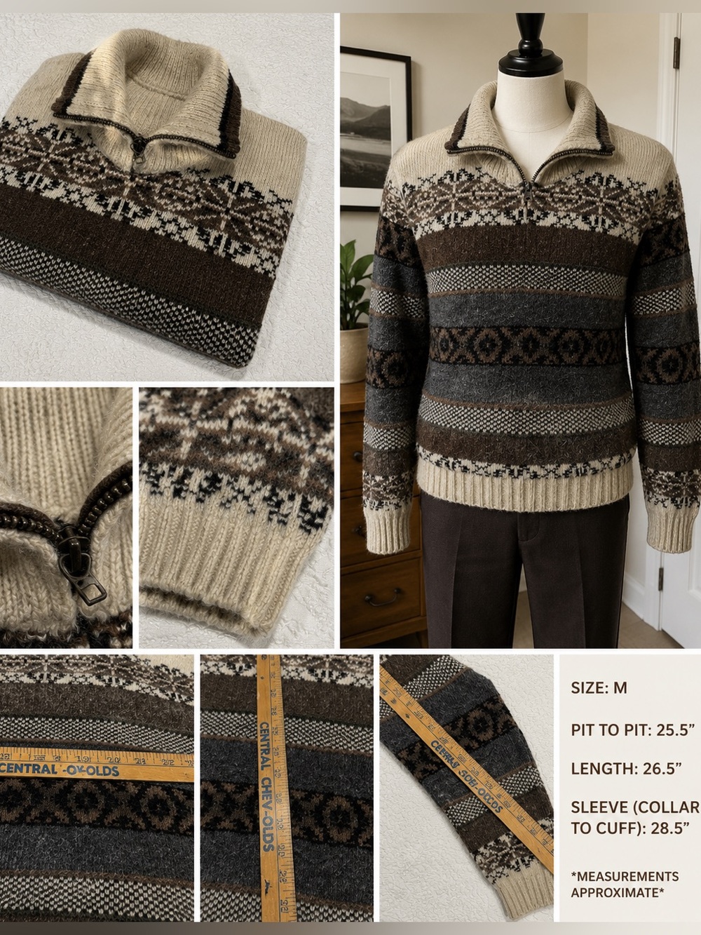 🐑 Vintage London Fog Fair Isle Grandpa Sweater Quarter Zip Wool Blend M